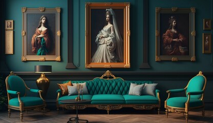 Obraz na płótnie Canvas modern neoclassical furniture Hang many oil paintings Generative Ai