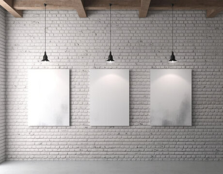 Three White Banners Hanging on Brick Wall