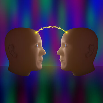  Two 3D-modeled heads face-to-face in an abstract space with lightning jumping between the two heads