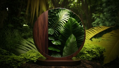 Wood pedestal in tropical forest for product presentat Generative Ai