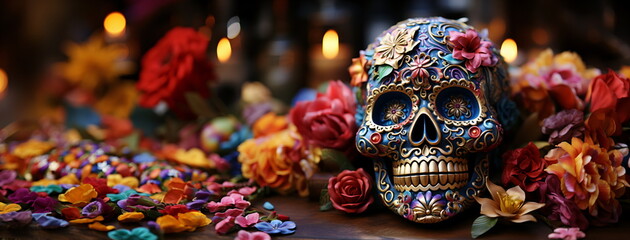Beautiful altar for day of the dead, colorful skull surrounded by flowers with copy space