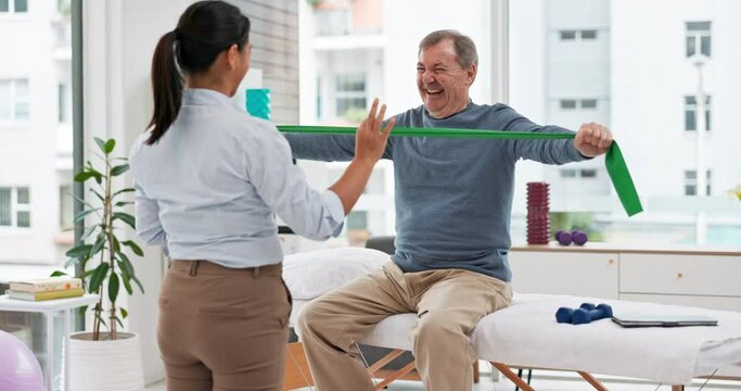 Physiotherapy, stretching band and senior man for doctor support in physical therapy, rehabilitation or healthcare. Medical woman or chiropractor consulting elderly patient for muscle health services