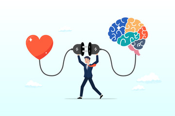 Man connect heart feeling with logical thinking brain, Emotional Intelligence, EI or control feeling and emotion with logical thinking brain, empathy or social skill, self control or balance (Vector) - obrazy, fototapety, plakaty