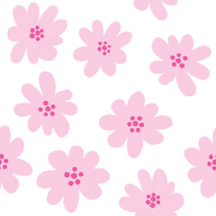Fototapeta na wymiar Pink and white floral seamless pattern. Random tiny stylized pink flowers on white background. Girlish trendy allover print. Cute trendy pinkish illustration