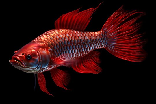 ultra realistic, unreal engine, Super red arowana, arwana, dragon fish, Scleropages formosus on a black background
