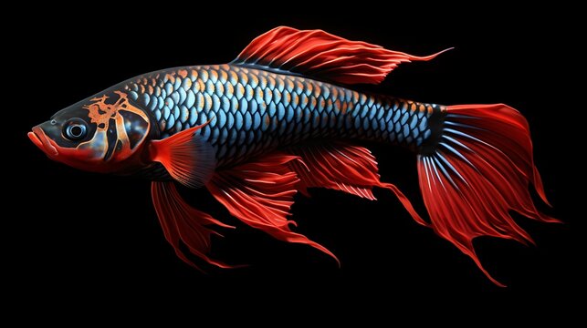 ultra realistic, unreal engine, Super red arowana, arwana, dragon fish, Scleropages formosus on a black background
