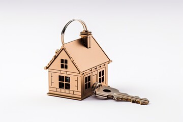 A house-shaped keychain attached to a key used to unlock a house, seen alone on a white background.