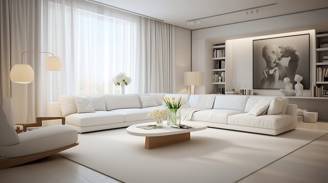 3d rendering of modern living room with white sofa, home desk in wall with decor, personal accessories, lamp, books, dry flowers in a vase, ceramics. Pouf with a blanket. Wood panel. Home office.