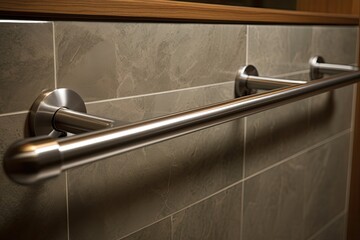 A detailed picture of a stainless steel grab bar handrail affixed to a wall covered in gray stone tiles can be seen in a bathroom designed for individuals with disabilities in a hotel setting. - obrazy, fototapety, plakaty