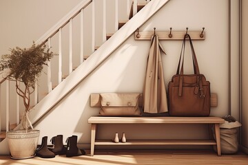 A basic entryway with a staircase, a bench, and a place to hang a purse and jacket.