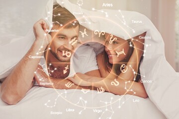 Horoscope compatibility concept. Loving couple with classic zodiac wheel