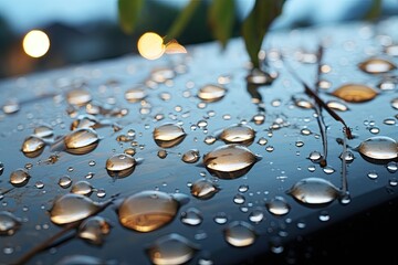A detailed view of raindrops resting on the rooftop during the season of rainfall.