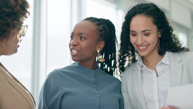 Teamwork, tablet and feedback with business people in office for project management, review or planning. Idea, collaboration and brainstorming with women for meeting, advice and online solution