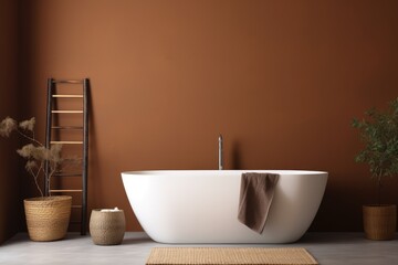 Fototapeta na wymiar A contemporary ceramic bathtub sits next to a towel in a room adorned with a brown-colored wall.