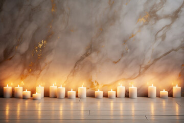 marble wall and countertop with an array of small candles, warm cozy candle lighting, interior design, smooth relaxing background, gold marble surfaces, made with Generative AI