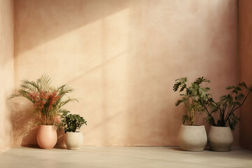 Potted plants in a concrete room, warm cozy sunny lighting, interior design concept and background, made with Generative AI