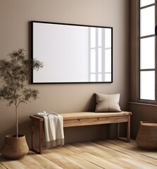 Mockup frame in farmhouse living room interior with 3D render. Made with Generative AI technology