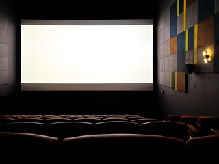 White cinema screen in an empty cinema with seats