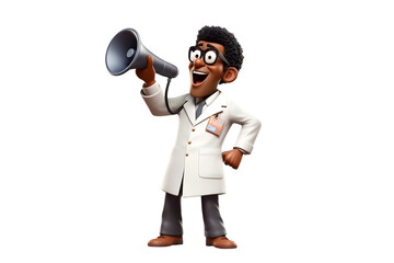 Fototapeta premium 3D cartoon character doctor young man standing speaking through megaphone, full body isolated on white and transparent background, ai generate