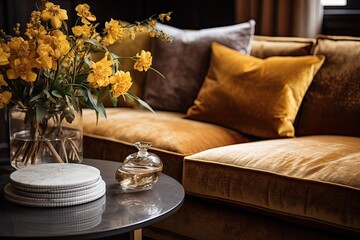 A detailed shot of a sophisticated sofa, adorned with plush velvet fabric in a beautiful shade of ocher, enhanced by carefully placed cushions and decorative items resting on the nearby coffee table.