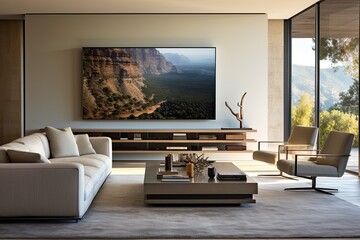 A contemporary living room features a sleek digital display mounted on the wall.