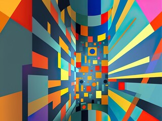 Abstract Bauhaus geometric pattern background vector circle triangle and square lines color art design with Generative AI.