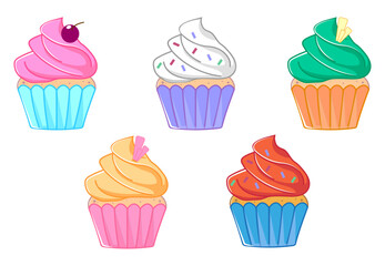 5 bright cupcakes with different fillings. Vector illustration