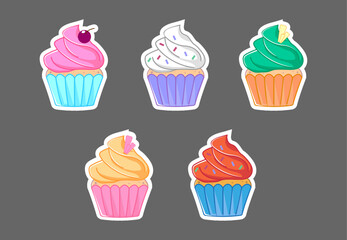 5 bright cupcakes with different fillings. Vector illustration