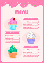 Sweet menu for desserts with cupcakes. Vector illustration