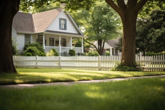 A beautiful house is enclosed by a charming wooden fence, complemented by a lush green lawn. The photo captures a serene street scene, devoid of any individuals, with a selective focus on the wooden