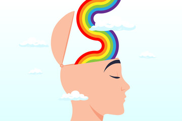 Man with open head and happy rainbow wave from inside his brain around with cloud, mental state of happiness, good mood or positive thinking mind, emotional therapy or brain treatment concept (Vector)