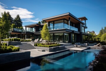 Fototapeta na wymiar A lavish residence situated in Vancouver, Canada set against a vibrant blue sky.