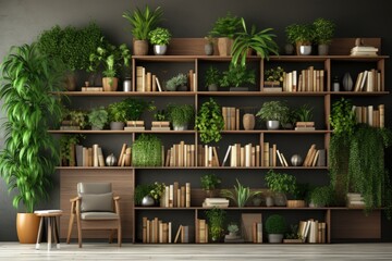 A contemporary-style bookshelf adorned with plants that serves as a modern decorative element for virtual office backdrops, studio backgrounds, or can be printed in a large format to enhance a back - Powered by Adobe