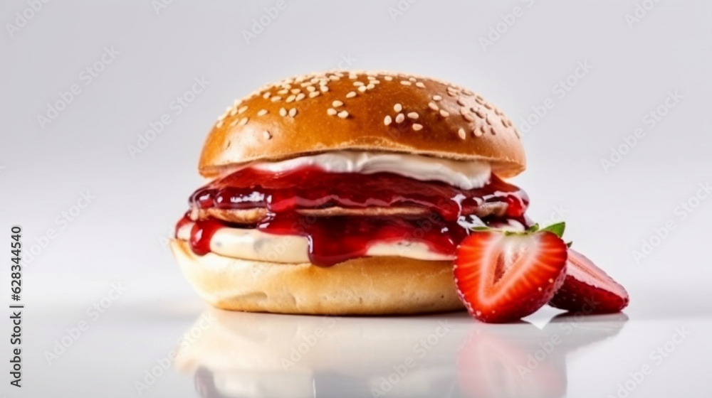 Wall mural hamburger with strawberry jam on white background