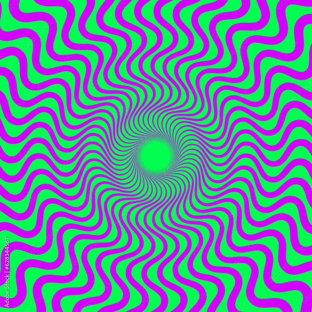 Poster acid color optical illusion background. purple and green abstract distorted wavy lines surface. radi