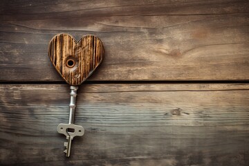 A house key attached to a keyring with a decorative mini heart, placed on a weathered wooden background with a rusty texture. Ample space available for writing or adding other elements.