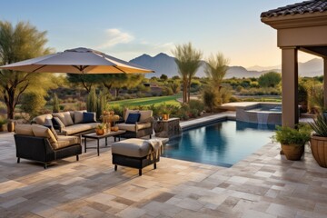 Fototapeta premium A backyard in Arizona with a pool deck made of travertine tiles, complementing the desert scenery.