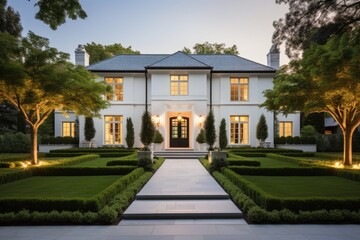 A high-end, pristine white residence with an immaculately manicured green yard. - obrazy, fototapety, plakaty