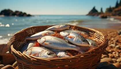 fresh fish in a basket on the beach