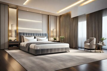 Fototapeta na wymiar Stylish luxury interior of a contemporary room with a comfortable master bed , master bedroom