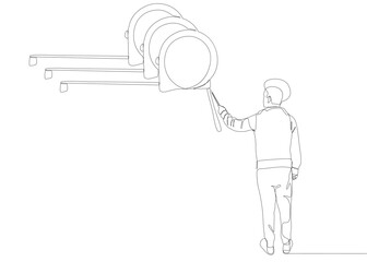 One continuous line of Man pointing with finger at Measuring tape. Thin Line Illustration vector concept. Contour Drawing Creative ideas.