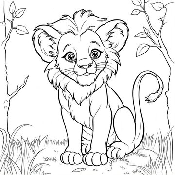 Cute lion coloring page for kids. Animal coloring page created with Generative AI technology
