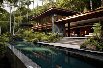 Fototapeta na wymiar A contemporary tropical residence with a natural surrounding and a pool for swimming.
