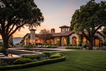 A captivating image capturing a stunning Spanish-style residence, adorned with breathtaking scenery on a vast 75-acre estate in Sonoma's wine country. This exceptional property also boasts equestrian - obrazy, fototapety, plakaty