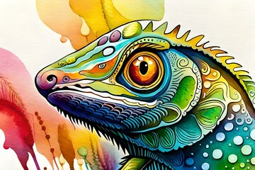 Splash art painting image of a chameleon with yellow eyes on white background,  by Generative Ai technology