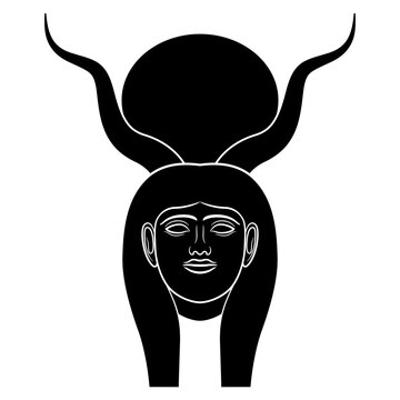 recommend clip art: Head of ancient Egyptian goddess Hathor with animal horns and solar disk. Black and white negative silhouette.