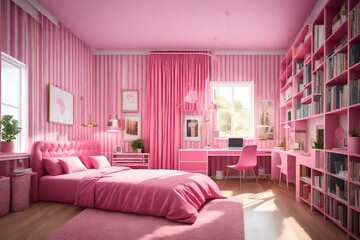 Stylish luxury interior of a contemporary pink room with a comfortable pink bed