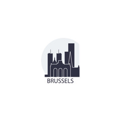 Belgium Brussels city cityscape skyline capital panorama vector flat modern logo icon. Bruxelles Europe emblem idea with landmarks and building silhouettes at sunrise sunset