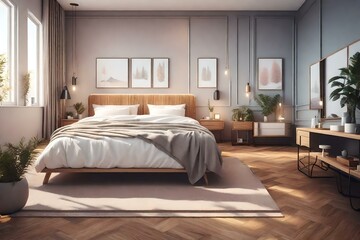 Fototapeta na wymiar Stylish interior of contemporary room with comfortable white bed