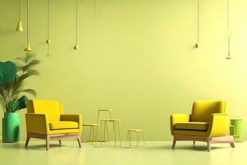 Minimal concept. interior of living yellow and green  tone on yellow and green floor and background.